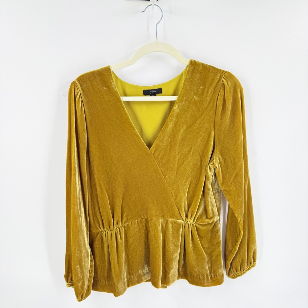 J. Crew Mustard Yellow Velvet Faux Wrap Peplum Top 10 Party Festive Cocktail